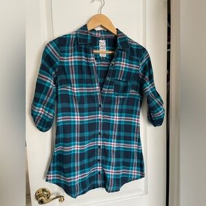 Garage Teal and Pink Plaid Button Down Shirt